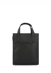 Black leather tote bag with a textured surface, dual short handles, and a simple design. Features a front pocket for added functionality.