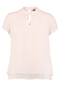 Blusa corta de manga corta en rosa claro con escote en forma de ojal y cierre de botones, detalle de dobladillo en capas, tela suave y corte relajado.