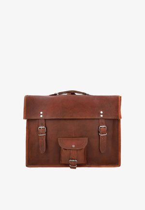 Brown leather briefcase with two buckle straps and a small front pocket with a buckle, centered on a white background.