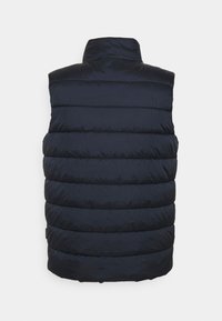 Navy blue puffer vest with horizontal quilting, high collar, and smooth texture. Features no visible hardware or accents.