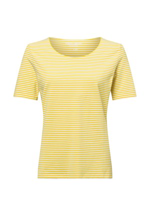 Gelb-weiß gestreiftes T-Shirt mit rundem Ausschnitt und kurzen Ärmeln, aus weichem Baumwoll-Mischgewebe gefertigt. Angenehme Textur, lässiges Design.