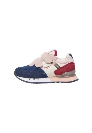 Sneakers per bambini caratterizzati da camoscio blu, rosa, crema e rosso, con cinturini in Velcro e una suola imbottita. Logo sul lato.