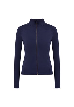 Giacca a zip navy realizzata in tessuto elasticizzato. Presenta un colletto alto, maniche lunghe e dettagli con zip color oro lungo la parte anteriore.