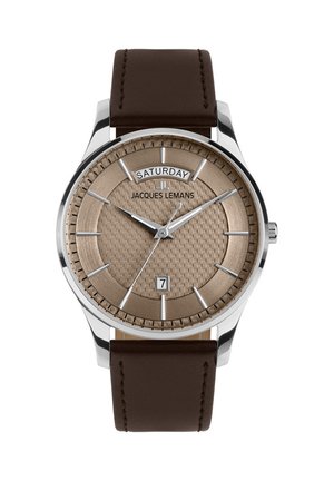 Brauner Lederarmbanduhr mit einem strukturierten bronzefarbenen Zifferblatt, silbernen Stundenmarkierungen und Datumsanzeige bei 6 Uhr. Markenname "JACQUES LEMANS" oben.