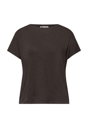 Haut en maille marron foncé à manches courtes, coupe ample, col rond, ourlet droit et petite étiquette visible "Street One" à l'intérieur de l'encolure.