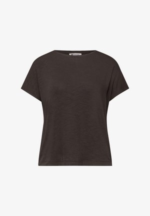 Top de punto de manga corta, ajuste suelto, color marrón oscuro, con cuello redondo, bajo recto y una pequeña etiqueta visible "Street One" en el interior del escote.