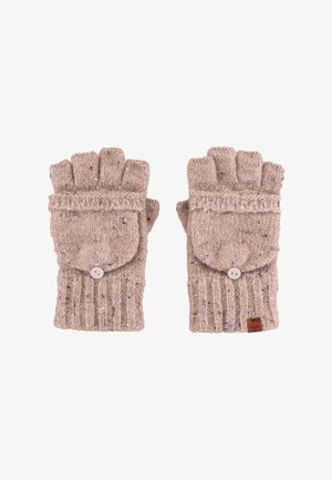 Gehaakte vingerloze handschoenen in lichtbeige met een geribbelde structuur, een flap met een knoop en subtiele spikkels door het geheel.