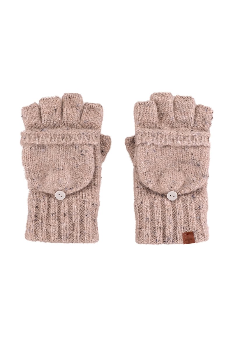 Dzianinowe rękawiczki bez palców w jasnym beżu z prążkowaną fakturą, z klapką z guzikiem i subtelnymi plamkami w całej powierzchni.