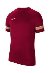 Maglietta sportiva rossa realizzata in tessuto liscio, con maniche corte decorate da accenti dorati e bianchi sui polsini e un piccolo logo bianco.