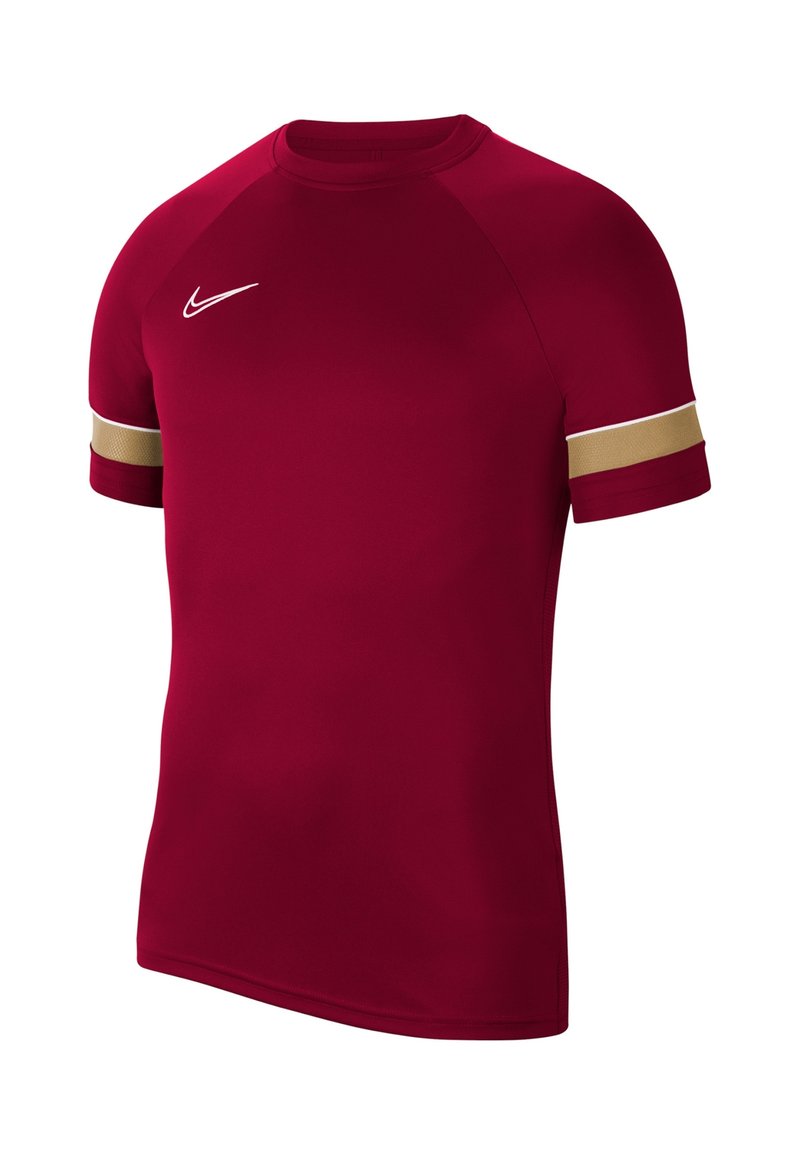 Maglietta sportiva rossa realizzata in tessuto liscio, con maniche corte decorate da accenti dorati e bianchi sui polsini e un piccolo logo bianco.
