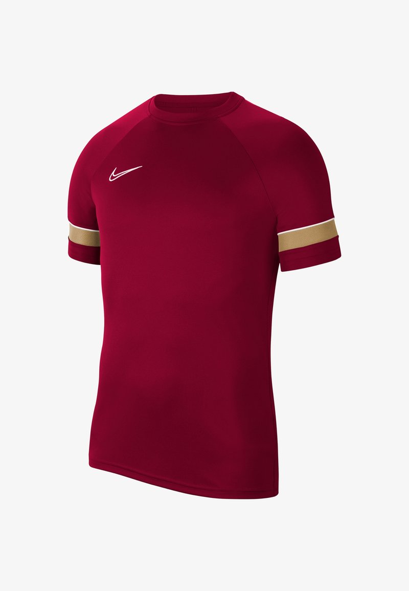 Camiseta deportiva roja hecha de un tejido suave, con mangas cortas que tienen acentos dorados y blancos en los puños y un pequeño logo blanco.