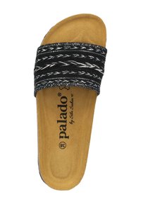 Sandalo nero a scivolo con una fascia intrecciata che presenta motivi bianchi. Soletta in morbido color beige con logo e indicazione della taglia all'interno.
