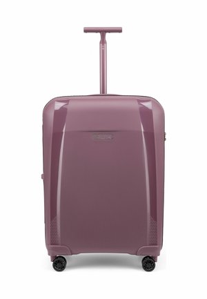 Hartschalen-Koffer in Mauve mit Teleskopgriff und vier schwarzen Rollen, aufrecht stehend vor weißem Hintergrund.