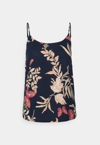 Top sans manches bleu marine avec un motif floral en rose, crème et rouge. Tissu lisse, coupe décontractée et fines bretelles réglables.