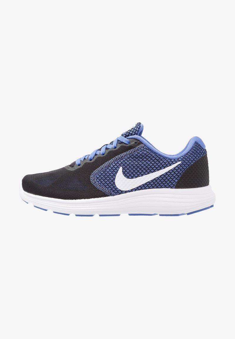 Zwarte en blauwe hardloopschoenen met een meshen bovenwerk, witte swoosh-logo, gevoerde kraag en een lichte witte tussenzool.