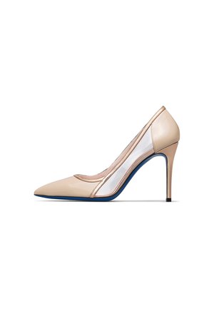 Beige pointed-toe high heel shoe with transparent side panels and blue sole, shown in profile on a white background.