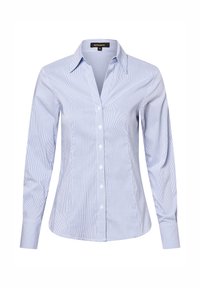 Light blue striped button-up shirt with long sleeves, a pointed collar, and a fitted design, made of smooth cotton fabric.