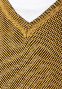 Yellow-brown, textured knit sweater with a V-neckline. The material features a mesh pattern, with contrasting black accents in the weave.