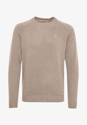 Pulover bej tricotat cu guler rotund, mâneci raglan, tiv și mansete ribbate, textură moale și detaliu cu logo mic pe piept.