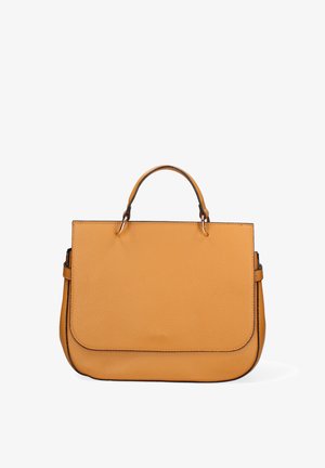 Yellow leather handbag with a smooth texture and structured shape. Features a top handle and contrasting black accents along the edges.
