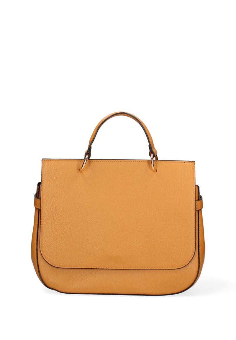 Sac à main en cuir jaune avec une texture lisse et une forme structurée. Dispose d'une poignée supérieure et d'accents noirs contrastants le long des bords.