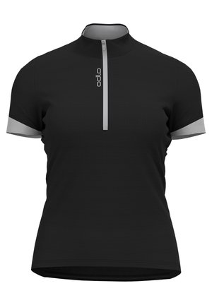 Schwarzes kurzärmeliges Sportshirt mit Viertel-Reißverschluss, hellgrauem Reißverschluss und Ärmelbündchen sowie kleinem vertikalem Logo auf der Reißverschlussleiste.