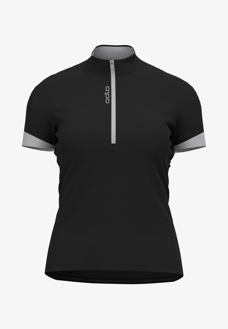 T-shirt sportif noir à manches courtes avec fermeture éclair au quart, fermeture éclair et poignets de manches gris clair, et petit logo vertical sur le rabat de la fermeture éclair.