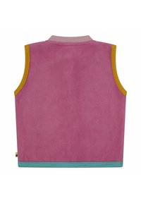 Ärmellose Weste aus pinkem Fleece mit gestreiftem Kragen. Gelbe Armausschnittverzierung und türkisfarbener Saum. Weicher Stoff, einfaches Design.