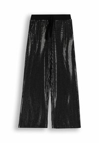 Czarne, szerokie spodnie z cekinów z miękkim, czarnym elastycznym pasem i sznurkiem, charakteryzujące się błyszczącą fakturą i pełną długością.