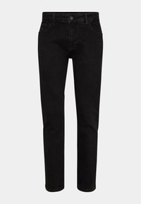 Juodi džinsai su tiesiu džinsų kirpimu, su priekiniais užsegimais ir penkiomis kišenėmis. Lygus paviršius, minimalus dizainas.