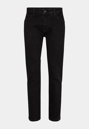 Melnas džinsus bikses ar taisnu kāju griezumu, ar priekšējo pogu aizdari un piecām kabatām. Gluda tekstūra, minimālas detaļas.