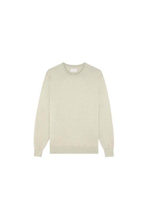 Pull beige clair à manches longues avec col rond, poignets et ourlet côtelés, présenté à plat sur un fond blanc.