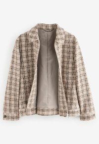 Beige tweed takki, jossa on ruskeat ja mustat ruudut. Takissa on kauluspaita, vetoketjusuljenta ja sileä beige vuori.