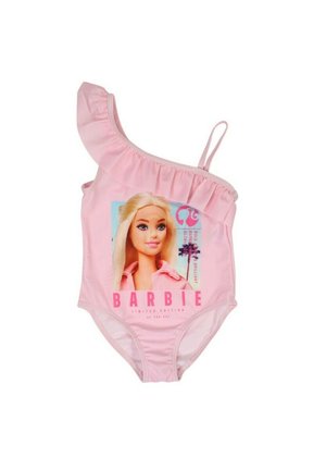 Maillot de bain rose à une épaule avec volant, présentant un portrait de poupée Barbie blonde et le texte "BARBIE" à l'avant.