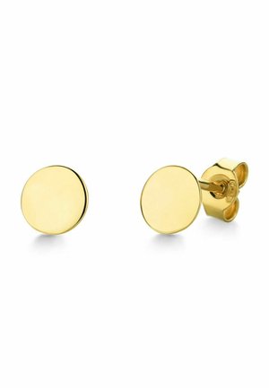 Goldfarbene Steckerohrringe mit glatten, runden Scheiben. Mit einer glänzenden Oberfläche und sicheren Schmetterlingsverschlüssen. Einfaches und modernes Design.