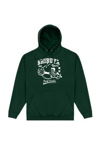 Felpa verde in misto cotone, con tasca frontale e stampa grafica con "Shibuya 1961 Tokyo" e un personaggio dei cartoni animati.