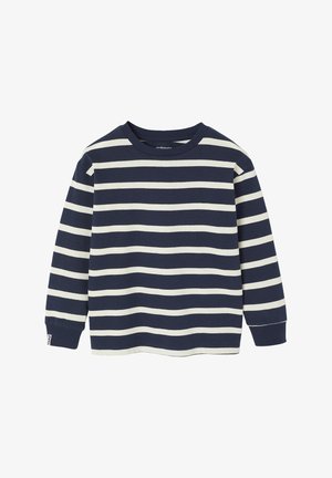 Langärmliges gestreiftes Hemd aus Baumwolle; marineblau mit cremefarbenen horizontalen Streifen; Rundhalsausschnitt und gerippte Bündchen.