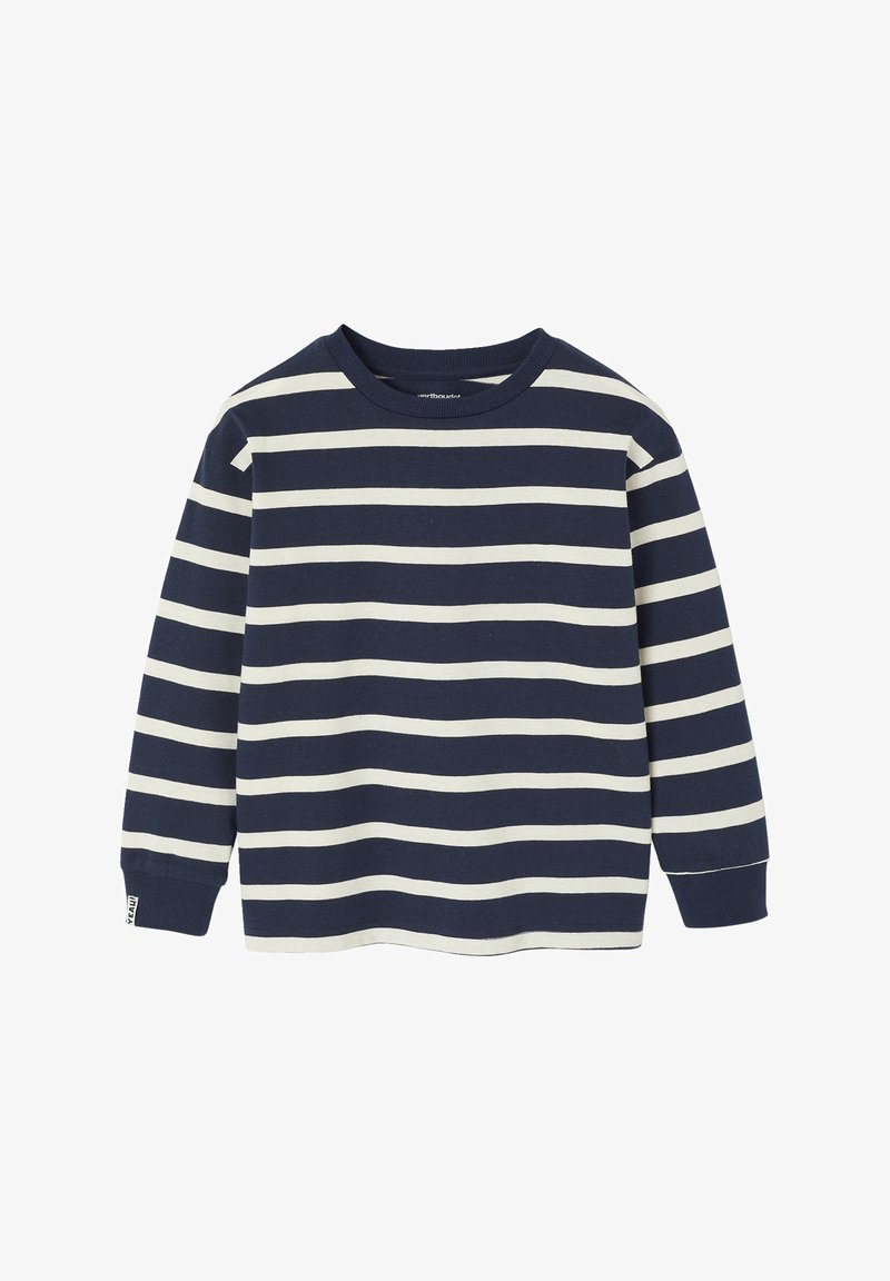 Langärmliges gestreiftes Hemd aus Baumwolle; marineblau mit cremefarbenen horizontalen Streifen; Rundhalsausschnitt und gerippte Bündchen.