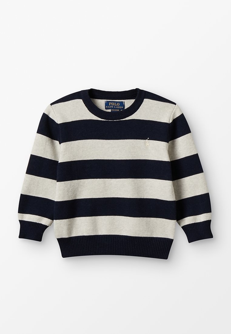 Marinblå och grårandig tröja med rund hals, långa ärmar, ribbade muddar och en liten broderad logotyp på bröstet.