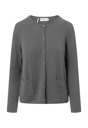 Gray cardigan made of soft material, featuring a round neckline, six buttons, and two front pockets. Smooth texture, simple design.