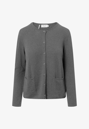 Gray cardigan made of soft material, featuring a round neckline, six buttons, and two front pockets. Smooth texture, simple design.
