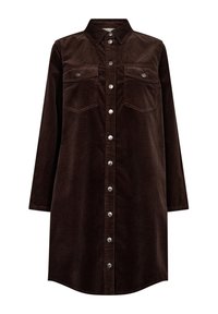 Brun manchesterskjortklänning med långa ärmar, knäppning fram, två bröstfickor och knappar i silverton. Slät textur och avslappnad passform.