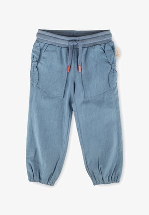 Pantalons de jogging pour enfants en bleu clair avec poignets élastiques, taille à cordon de serrage et détail noué sur les poches latérales.