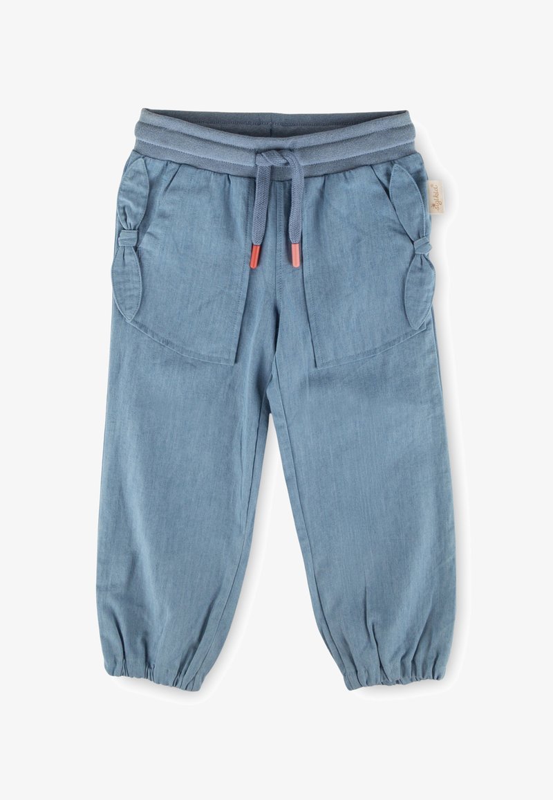 Pantaloni jogger azzurri per bambini con polsini elasticizzati, vita con coulisse e dettaglio annodato sulle tasche laterali.