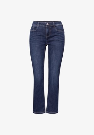 Jeans da donna blu scuro a gamba dritta con chiusura frontale con bottoni e cerniera, tasche anteriori e posteriori e cuciture visibili.