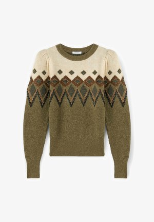 Maglione lavorato a maglia con corpetto crema, parte inferiore verde terra, motivi a rombi in marrone e teal, tessuto testurizzato, maniche a sbuffo, collo rotondo.