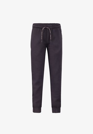 Donkergrijze sweatpants met een elastische tailleband, trekkoord en taps toelopende pijpen. Bevat zijzakken en ribbelboorden bij de enkels.