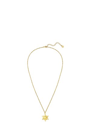 Collier doré avec une chaîne torsadée et un pendentif en forme de soleil présentant une sphère centrale, conçu pour un ajustement réglable.