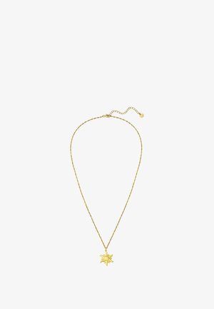 Collar dorado con cadena retorcida y colgante en forma de sol con una esfera central, diseñado para un ajuste ajustable.