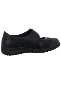 Schwarzer Slipper mit einem strukturierten Mesh-Obermaterial, synthetischen Akzenten und einem runden Ausschnitt-Design. Gummisohle für Traktion und Komfort.